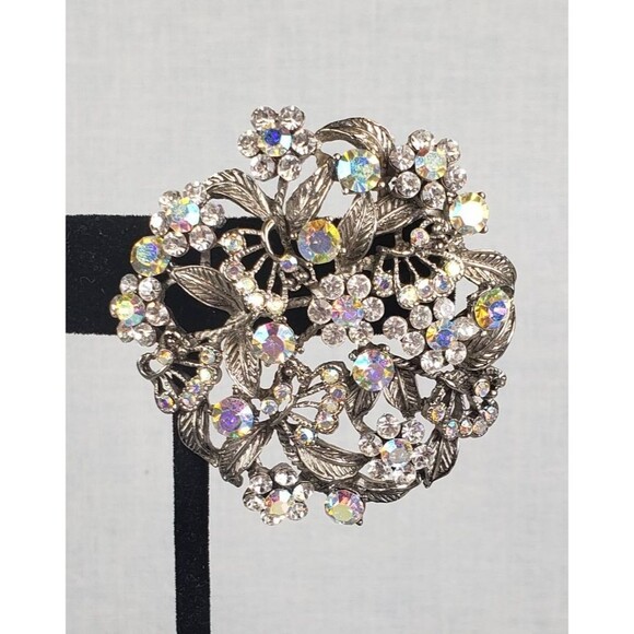 Vintage 1950's Flower Filigree AB Crystal Rhinestone Silver Tone 2" Brooch - Picture 8 of 14